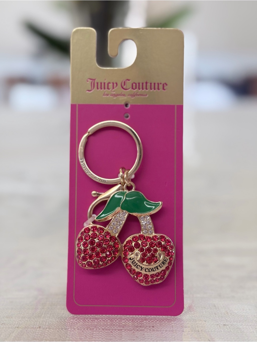 Juicy Couture Pink-Red Cherry Crystal Keyring with Green Enamel Leaves